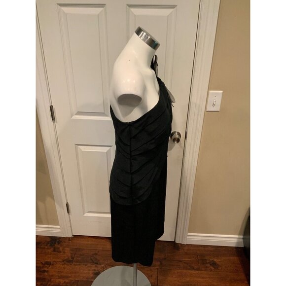 Kay Unger Black One Shoulder Silk Sheath Dress W/ Oversized Bow, Size 12 - Picture 3 of 6